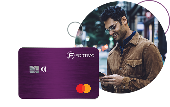 Man holding phone and a fortiva credit card image